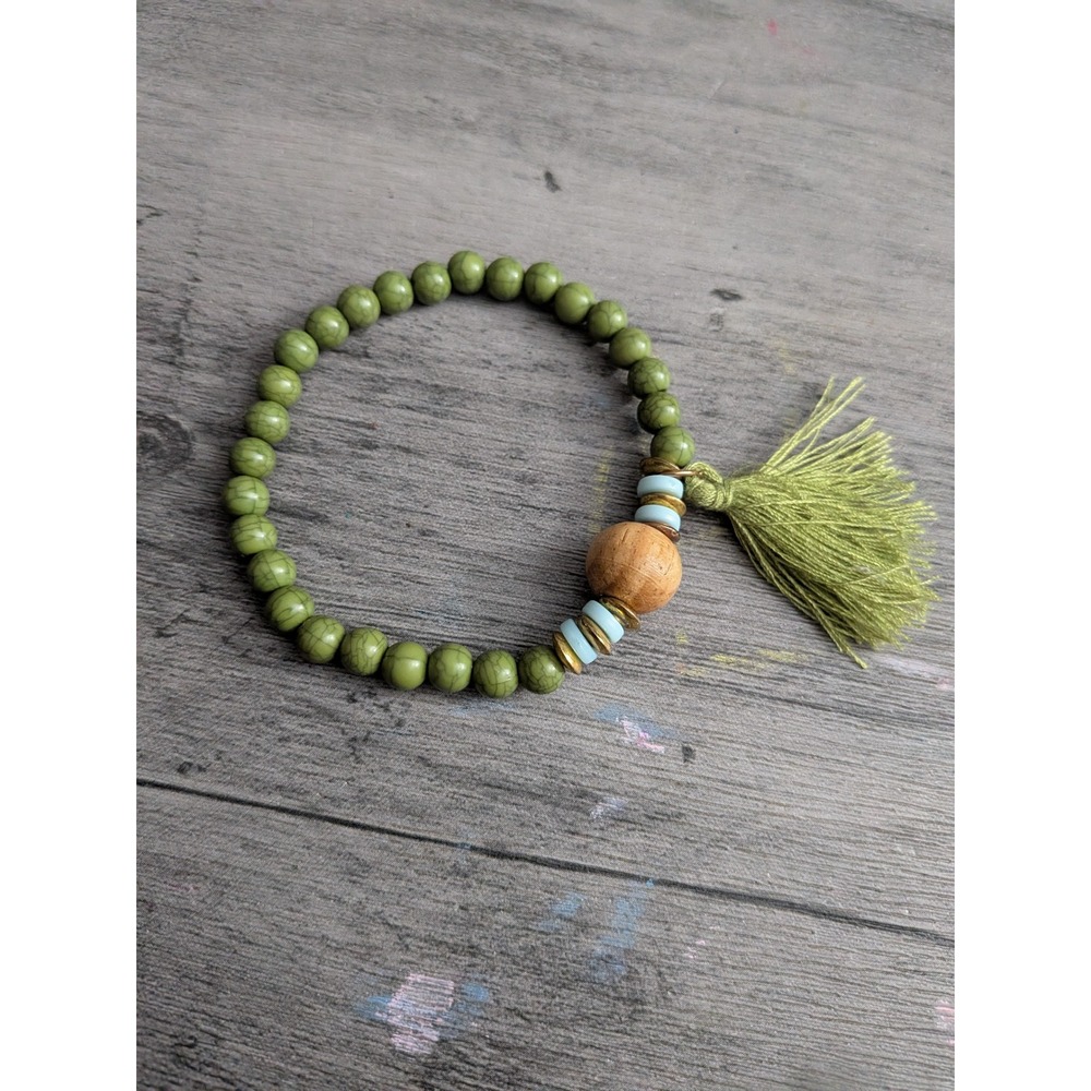 Green Marbled Stone Bead Stretch Bracelet with Wood Bead and Tassel Accent